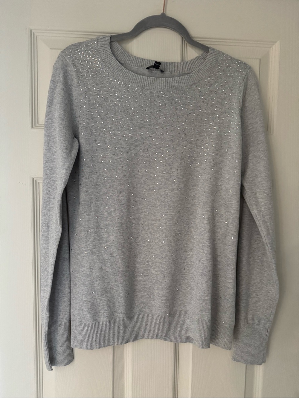 Express Gray Knit Crewneck Sweater with Rhinestone Embellishments / Size Large